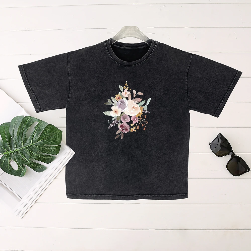 

Seeyoushy 2023 Summer New Short-sleeved Crewneck Women's T-shirt Floral Print Women's Top Y2K Trend Streetwear Wash Done Old