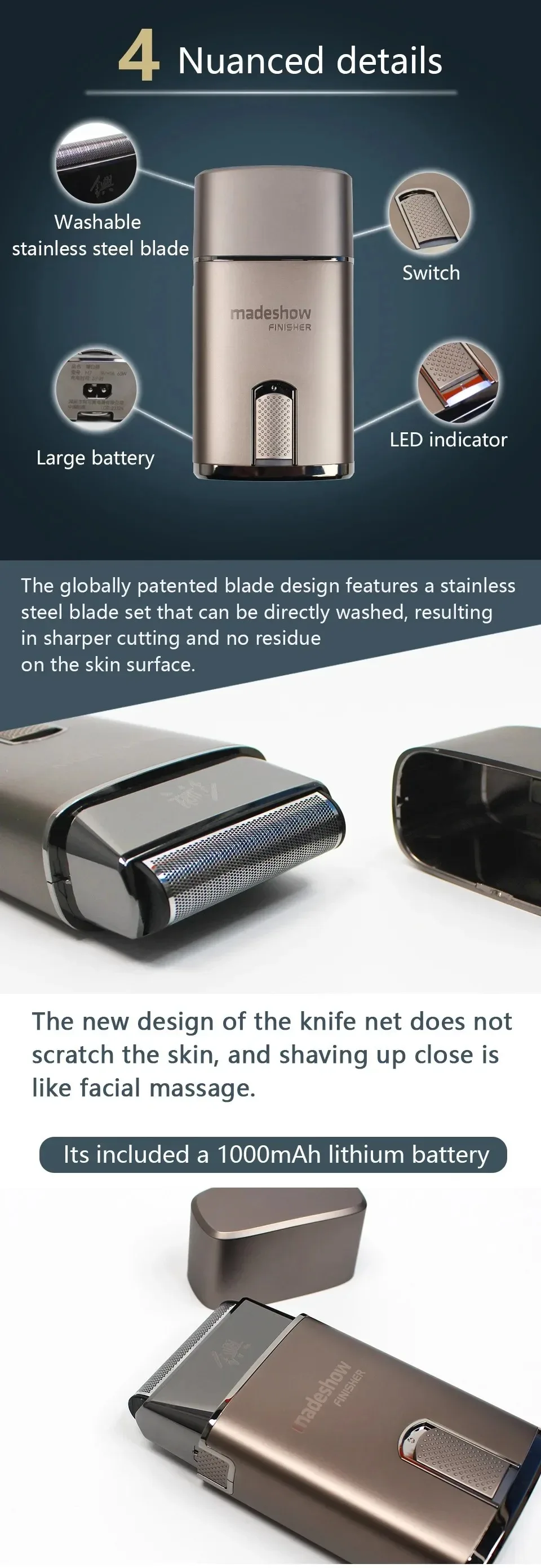 Description Picture 3 of itemMadeshow-M7 Electric Shaver for Men, Detachable and Washable, Magnetic Levitation Head, Long Battery Life, Boutique, 8000RPM
