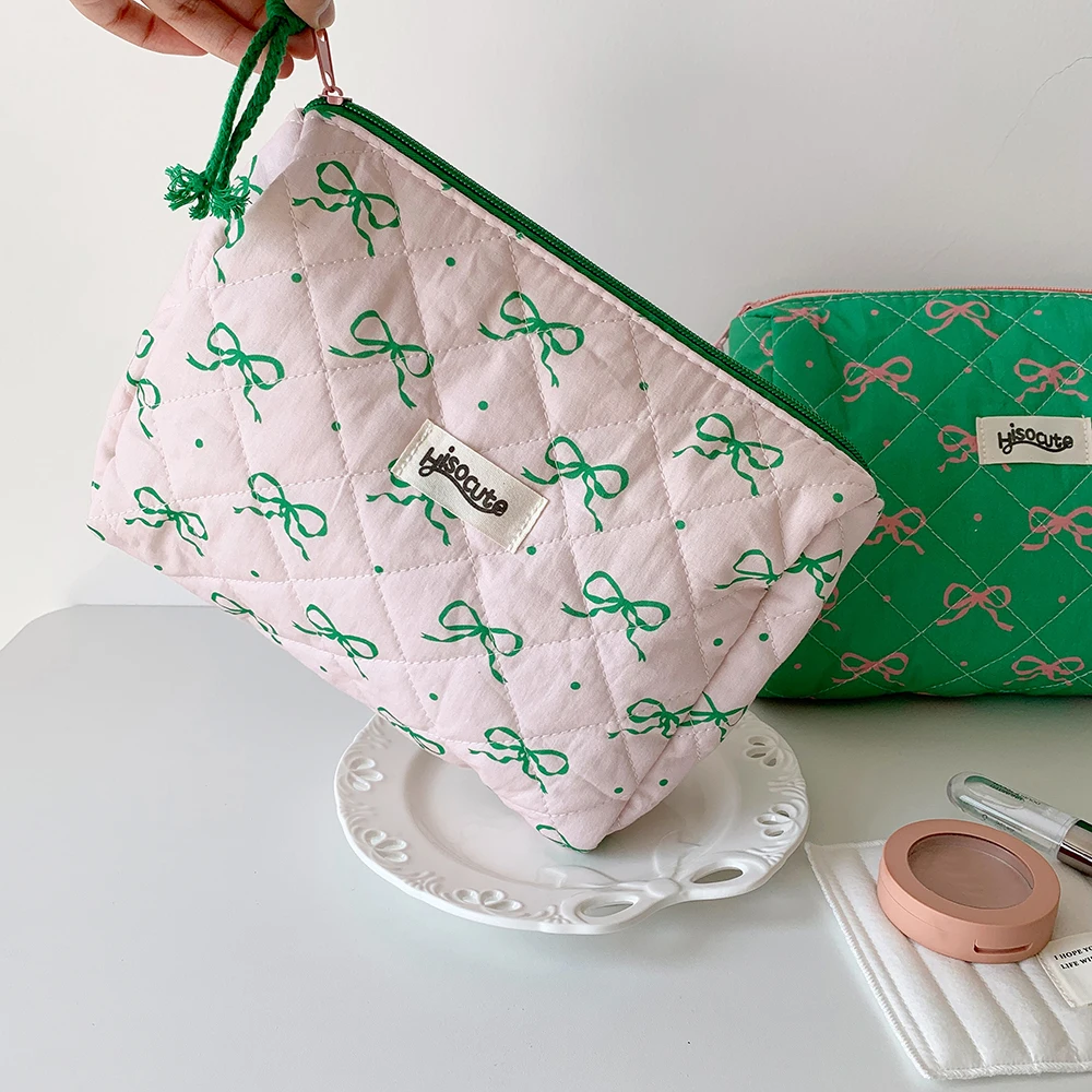 Ins Style Korean Quilted Cotton Fabric Cosmetic Bag Pink and Green Fresh Cosmetic Organizer Bag for Home Organizer Toiletry Bag 3