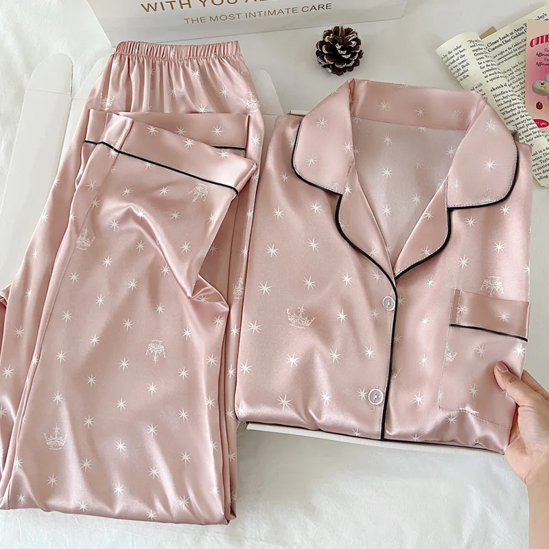 النمط الياباني لطيف فتاة ستار طباعة الحرير الجليد ملابس نوم المرأة الربيع والخريف طويلة الأكمام السراويل الطويلة Homewear الصورة الفعلية