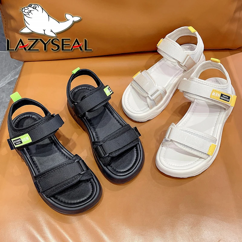 

Сандалии LazySeal женские на Платформе 5 см, модные босоножки на липучке, Классическая Повседневная обувь, на плоской подошве, регулируемые, черные
