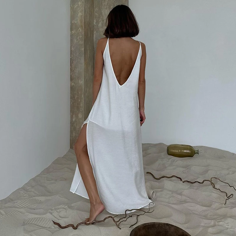 HiLoc Loose White Long Dress Robe V Neck Dresses Sleeveless Straight Robes...