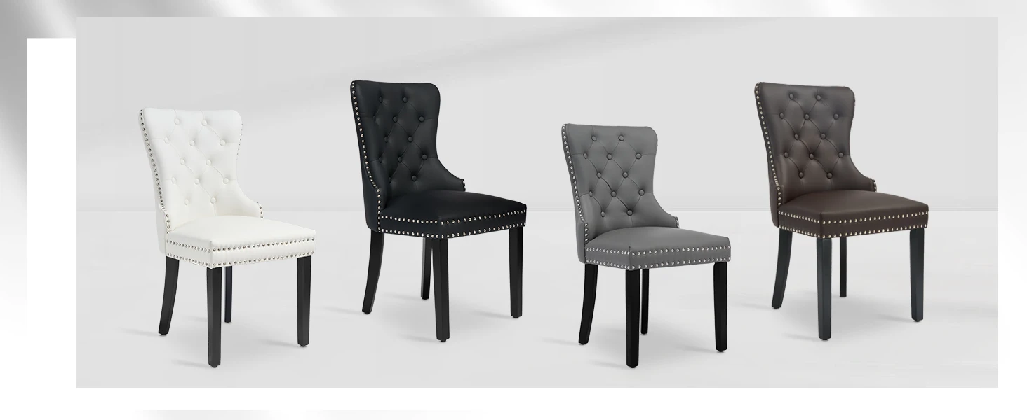 Description Picture 3 of itemLeather Dining Chairs Set of 2, Tufted Upholstered Dining Room Chair with Pull Ring and Solid Wood Legs, Black