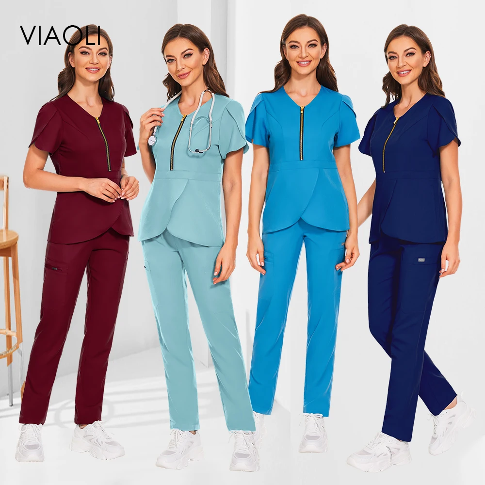 

Women's Elastic Breathable Medical Scrub Solid Color Nursing Uniform with Pockets Cleaning Dustproof Work Clothes Beauty Uniform