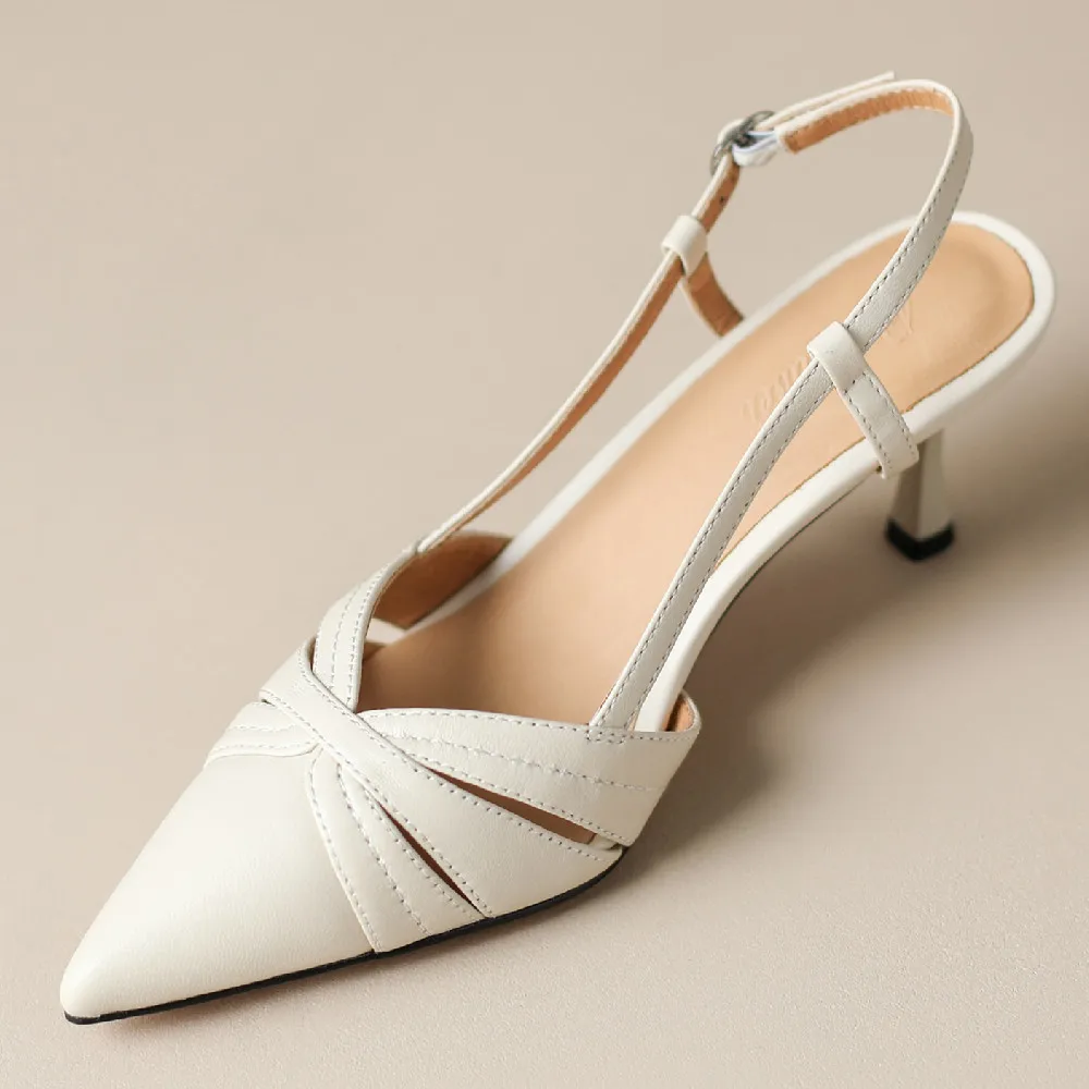 Women's Genuine Leather High Heel Pointed Toe Slingback Slip-on Flats Sandals Elegant Ladies Daily Dress Pumps Heeled Shoes