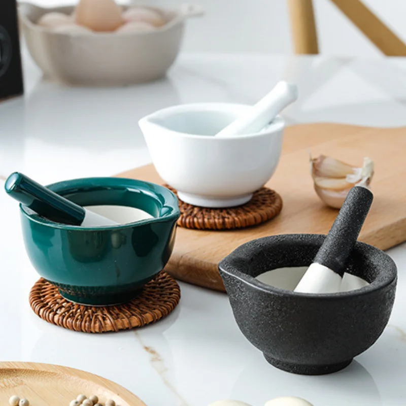 Porcelain Mortar and Pestle Spice Garlic Herb Grinder Mixing Grinding Bowl Crusher Set Restaurant Kitchen Tools