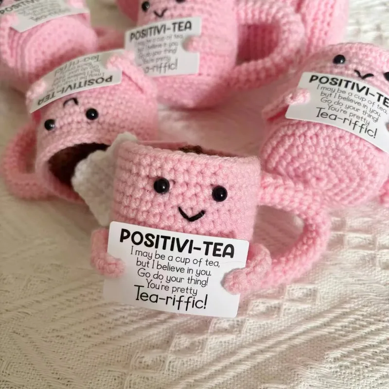 Cheerful Handmade Pink Crochet Tea Cup Doll with Motivational Card - Uplifting Desktop Ornament