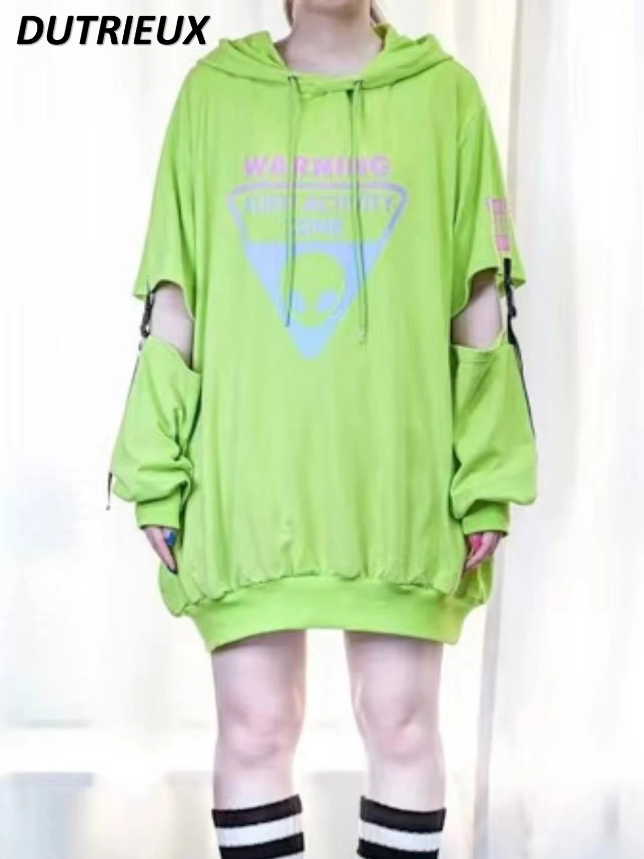 2024 Spring Autumn Japanese Harajuku Punk Style Gradient Printing Sweatshirt Dress Long Sleeve Loose Hooded Mid-Length Pullover