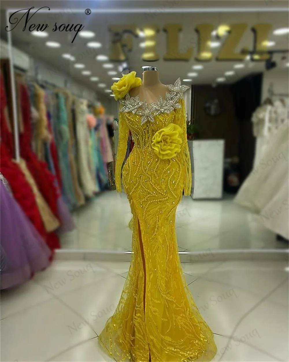 

African Beading Evening Dresses 2024 Newest Dubai Crystals Long Sleeves Wedding Party Gowns Flower Birthday Prom Dress Customize
