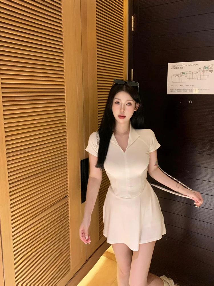 캐주얼 스포티 한 투피스 세트 여성 여름 새로운 꽉 폴로 티셔츠 반팔 탑 하이 웨이스트 a 라인 미니 드레스