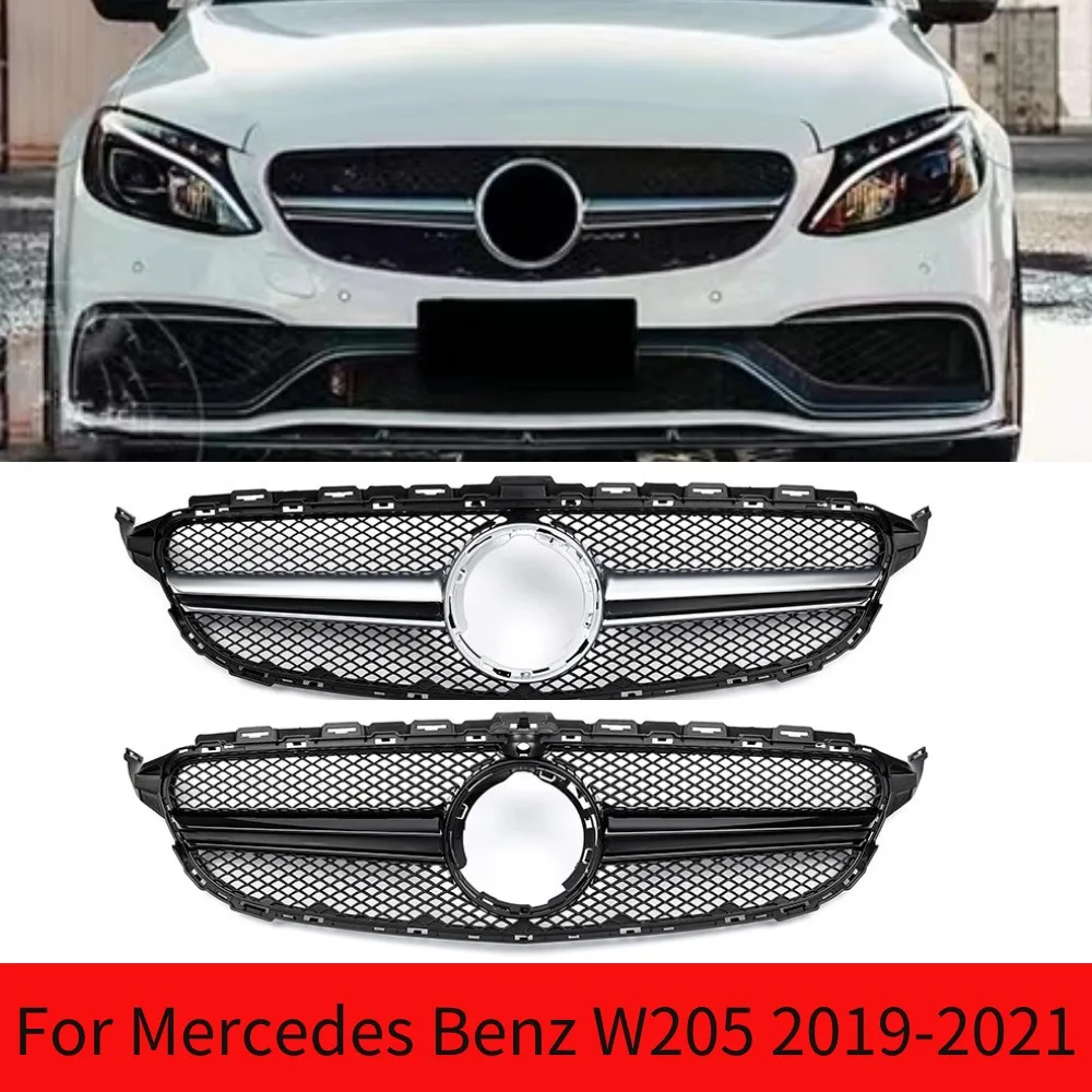 

For Mercedes Benz W205 C Class 2019-2021 AMG Style Grill Front Grille C200 C300 C250 C43 AMG Silver/Black Upper Bumper Hood Mesh