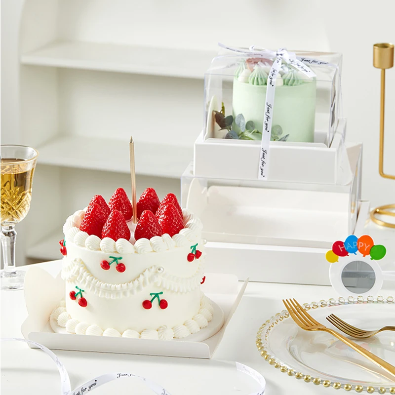 5/10 Pcs Square Transparent Cake Box 4/6 Inch – Clear PVC and White Cardboard Dessert C... - SKU TCB00943 - UGI Packaging