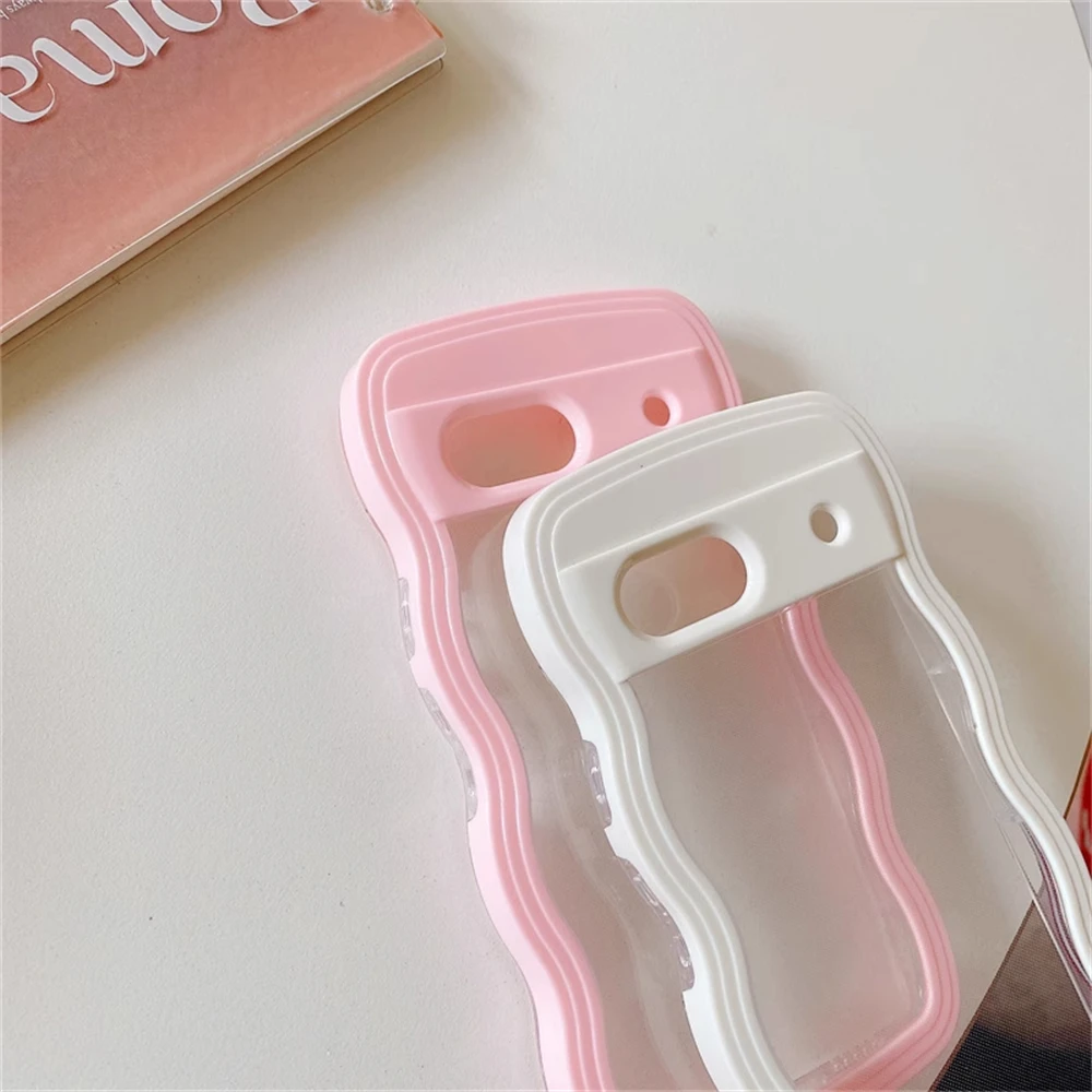 Cute Curly Wavy Transparent Phone Case - Korean Candy Color Shockproof Hard Cover