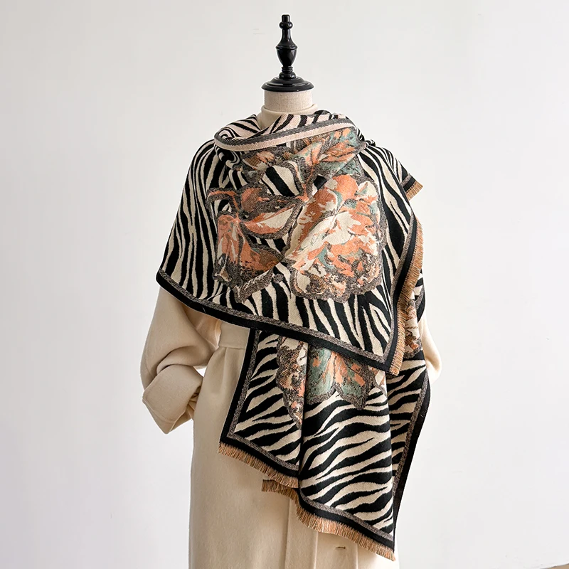 2025 Women's Luxury Cashmere Winter Shawl - Zebra Print with Tassels Pashmina Bandana Wrap