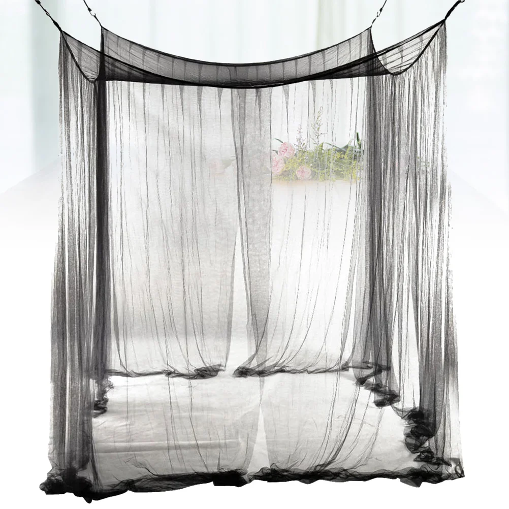 

European Style Corner Post Bed Canopy Mosquito Net Full Netting Bedding Canopy Netting Bed Curtains 190x210x240cm (Black)