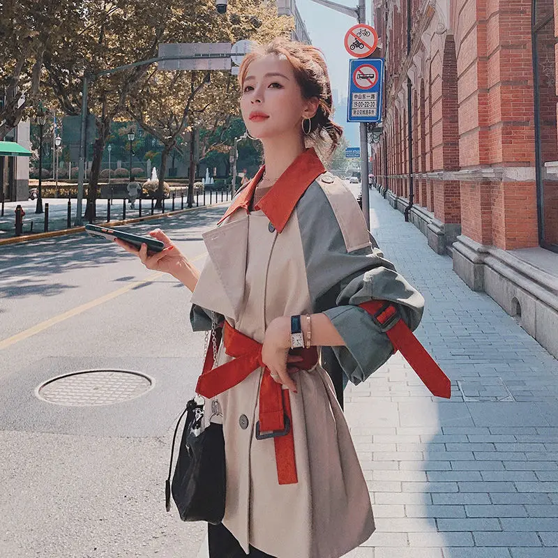 여성용 캐주얼 트렌치 코트, 카와이 Ins 3XL 스트리트웨어, 레저 패치워크, A라인 벨트, 하이 스트리트, 세련된 유럽 스타일 오버코트