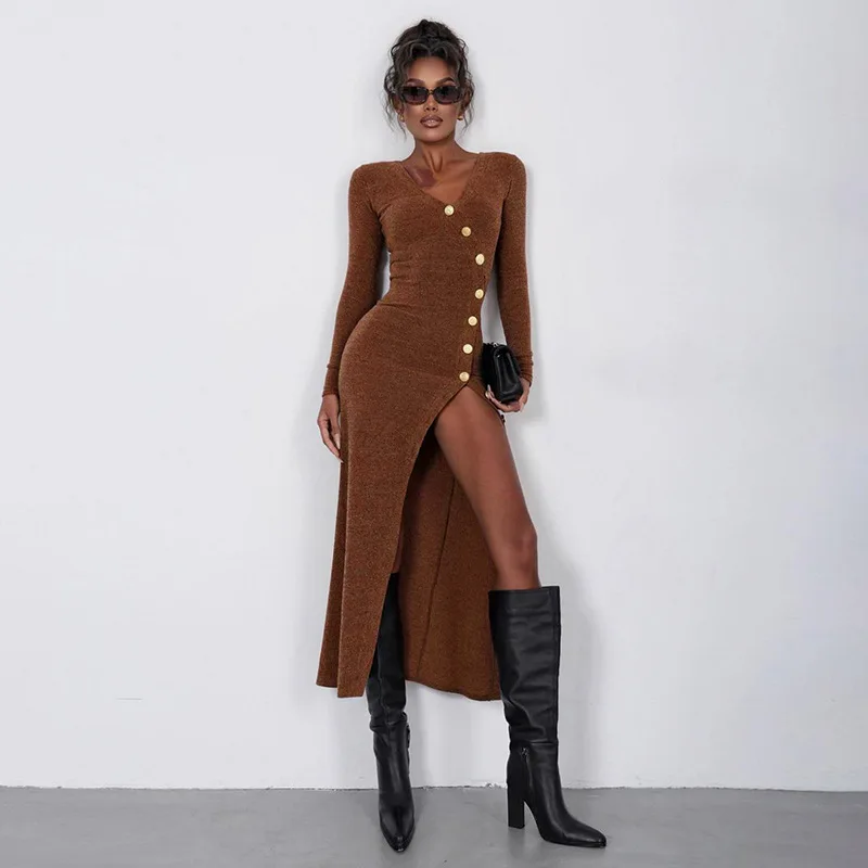 

Knitted Maxi Dress for Women Sexy Slit Slim Long Sleeve Buttons Dresses Knitwear Party Elegant Retro Dress Lady 2024 New