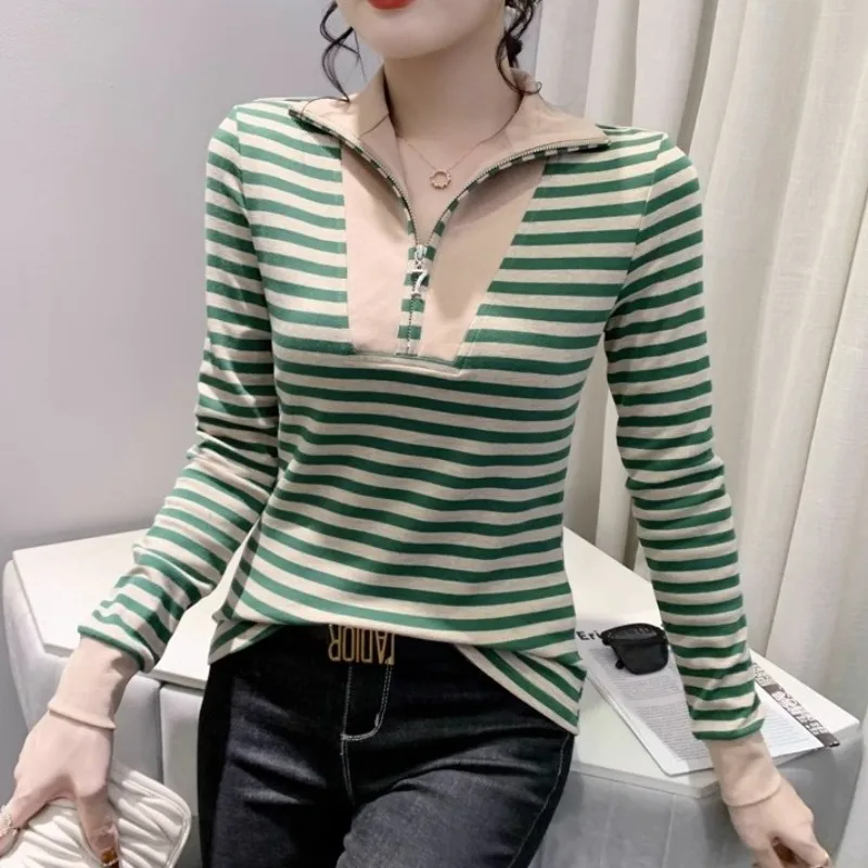 

Autumn and Winter Women's Set Head Turn-down Collar Long Sleeve Striped Zipper Patchwork Office Lady Fashion Casual Bottom Tops