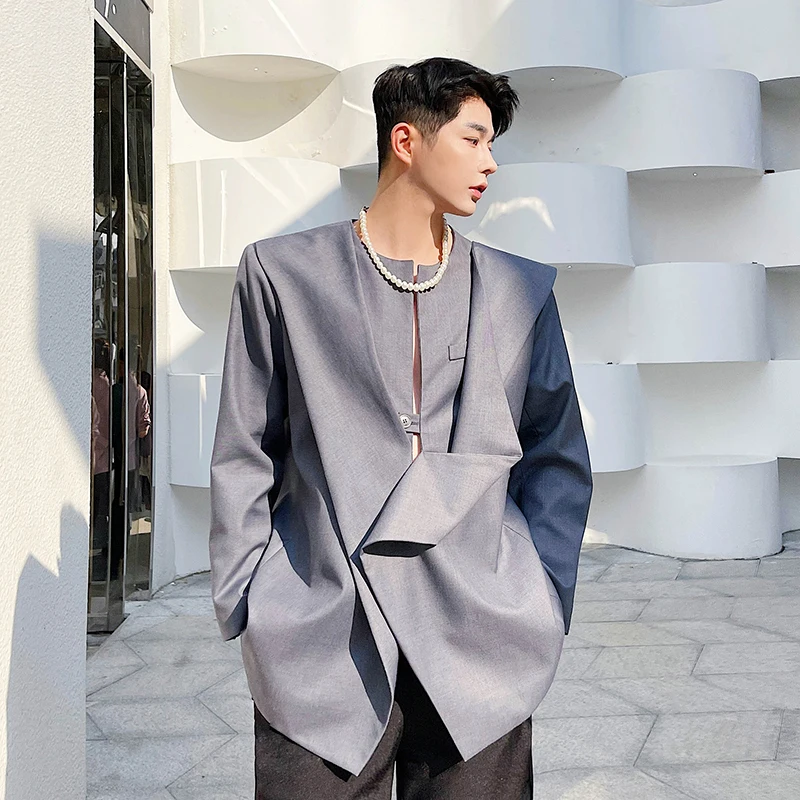 Senior Asymmetrical Design Minority Men Blazer Coat Trendy Popular Chic Jackets Male Dinner Party Banquet Streetwear Outerwear