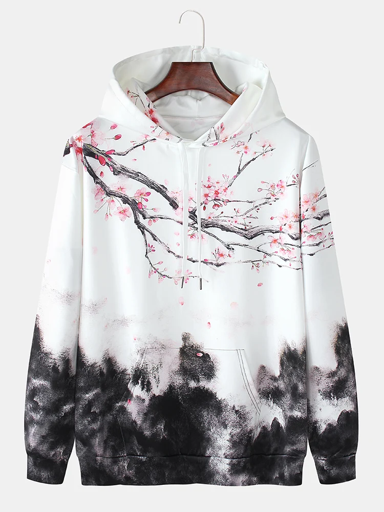 

Men Winter Casual Hoodies Landscape Cherry Blossom Printing Kangaroo Pocket Drawstring Hoodies