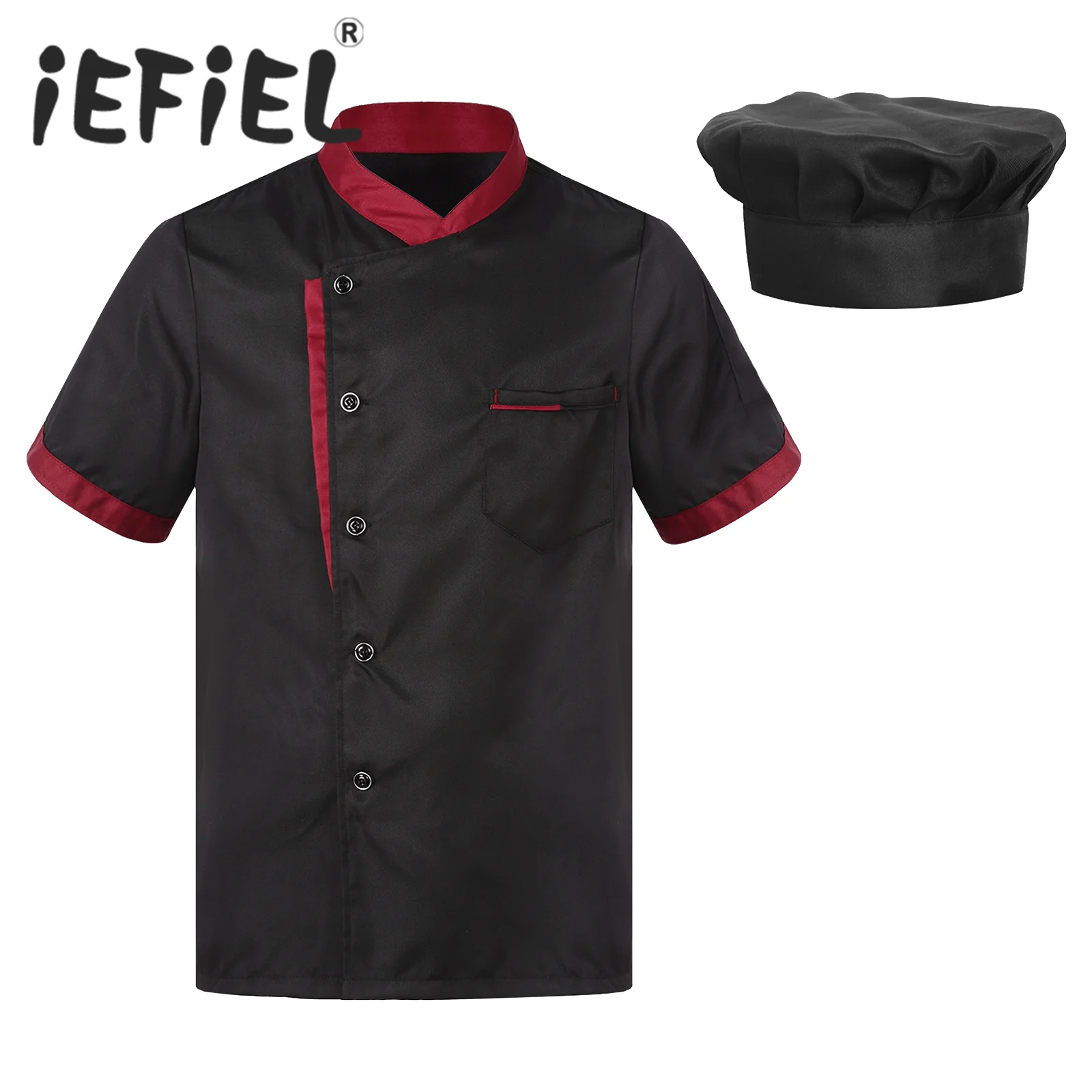 

Mens Chef Shirt Work Uniform Short Sleeve Jacket Coat Cook Bakery Canteen Restaurant Hotel Kitchen Food Service Shirt with Hat