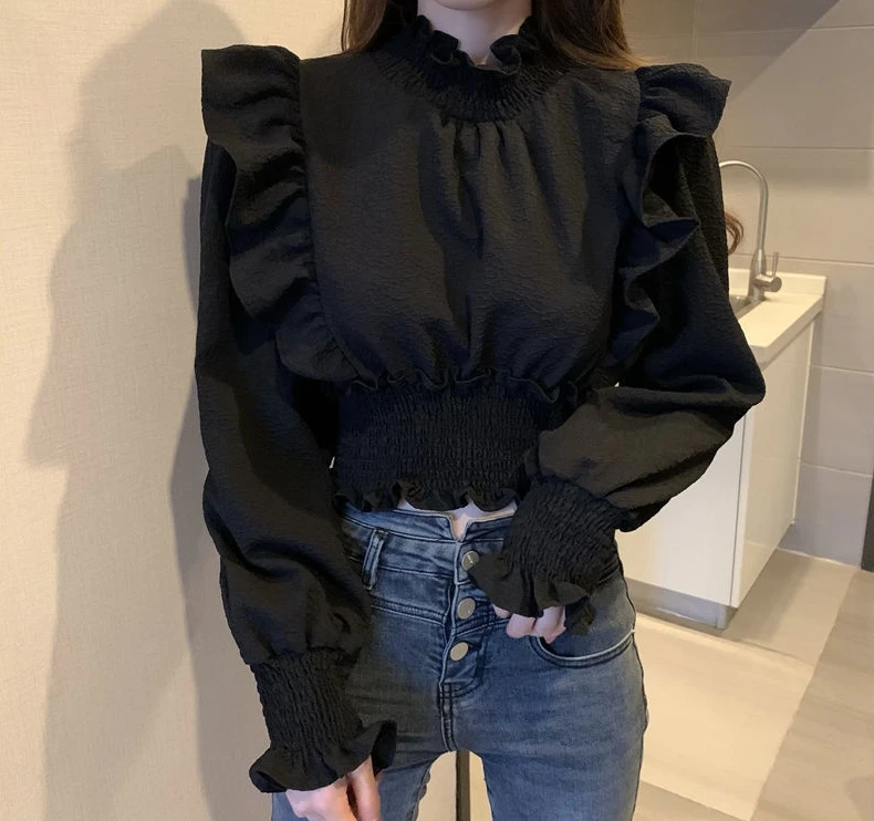 Casual Blouses Top Women Clothing Pullover Ruffles Stand Collar Women Top Summer New Solid Slim Bubble Sleeves Elegant Blouse