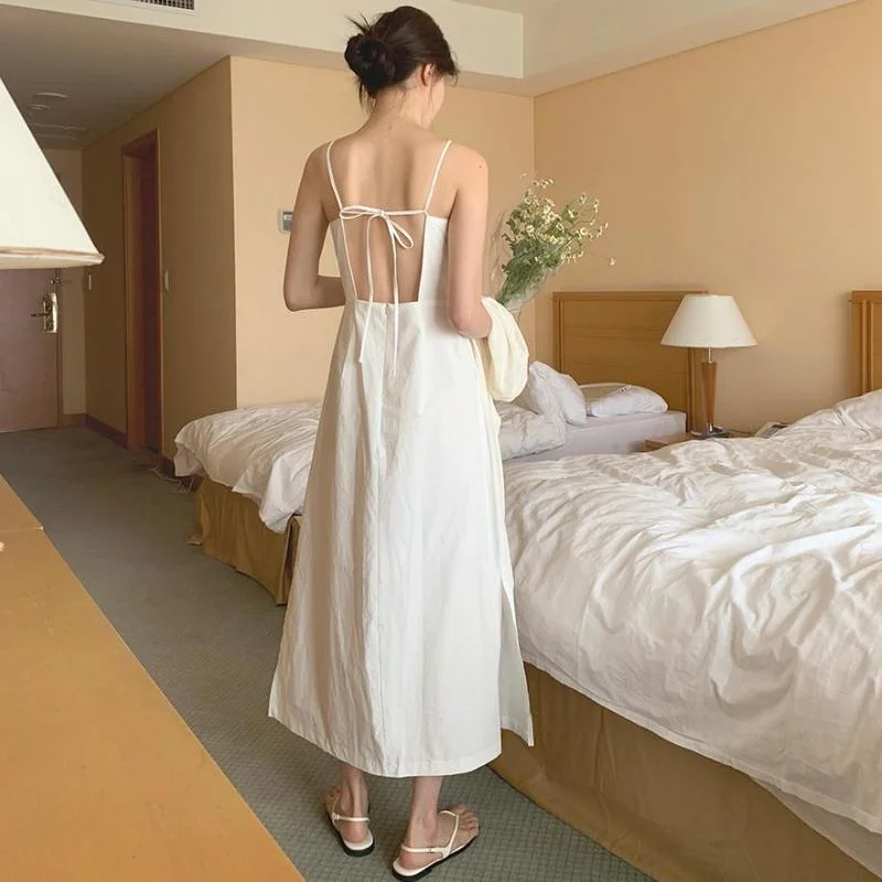 

Summer French Normcore cotton Dress Fashion Sleeveless Dress 2022 New Slim Side Slit Sling Long Dress Women Backless White Dress