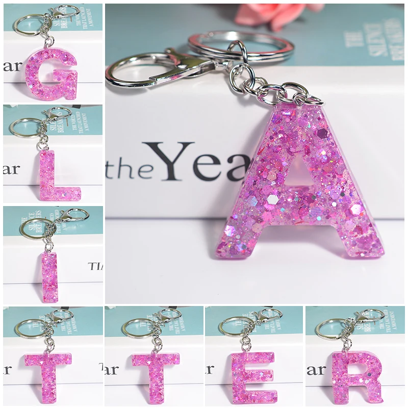 New 26 Letter Dark Red Letter Keychains Glitter Sequin Resin Key Chain