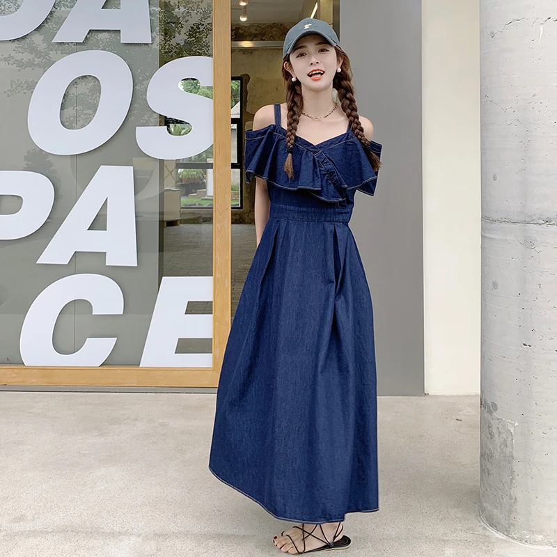 

Off Shoulder Strap Dress for Women 2023 Summer Elegant Chic Ruffles Spliced Casual Slim A-line Long Denim Dresses Girl 6718