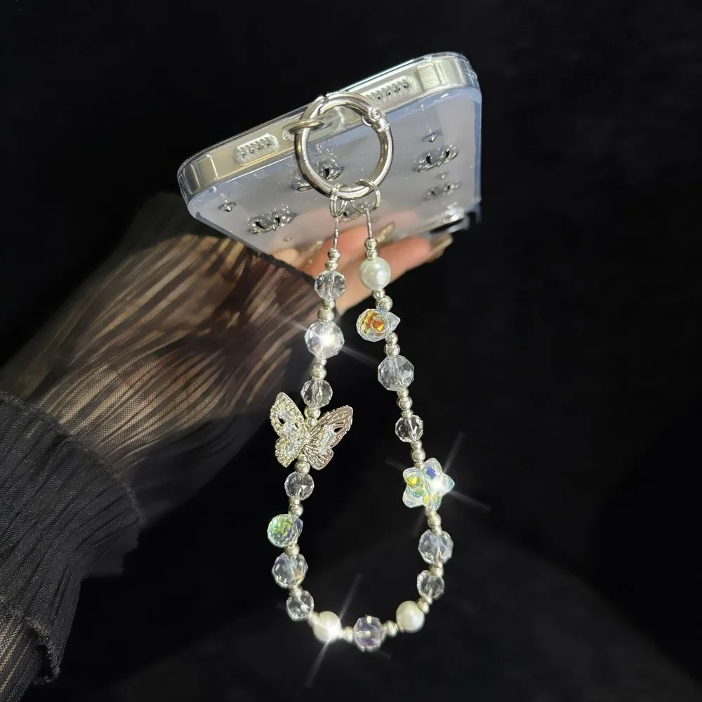 새로운 다이아몬드 크리스탈 비즈 펜던트 나비 펜던트 탈부착 가능한 행잉 체인 투명 폰 끈 여성 소녀용