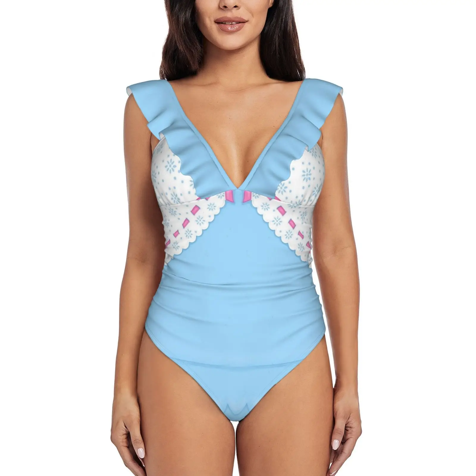 Bo Peep A Line Women Ruffle One Piece Swimsuit Sexy Bodysuit Monokini Swimwear Bathing Suit Bo Peep Bo Peep Lace Pink Bows