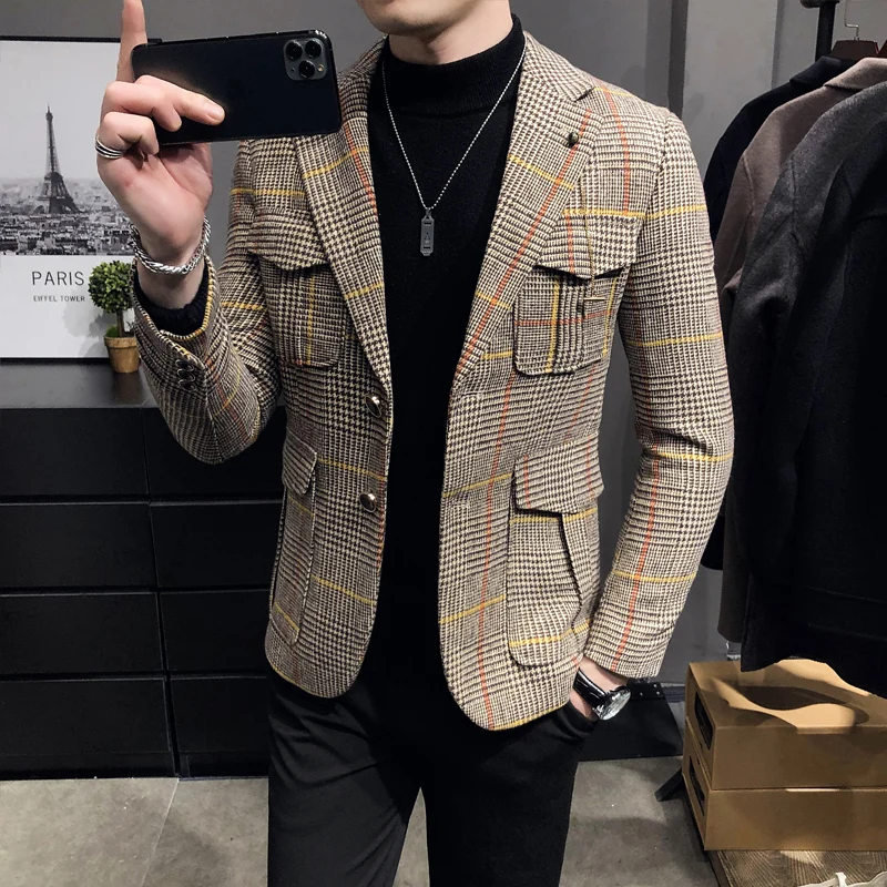Men Blazers Spring Men Plaid Blazers British Printed Wedding Business Casual Blazer Suit Jacket Male Formal Blazers Plus Size S-3XL