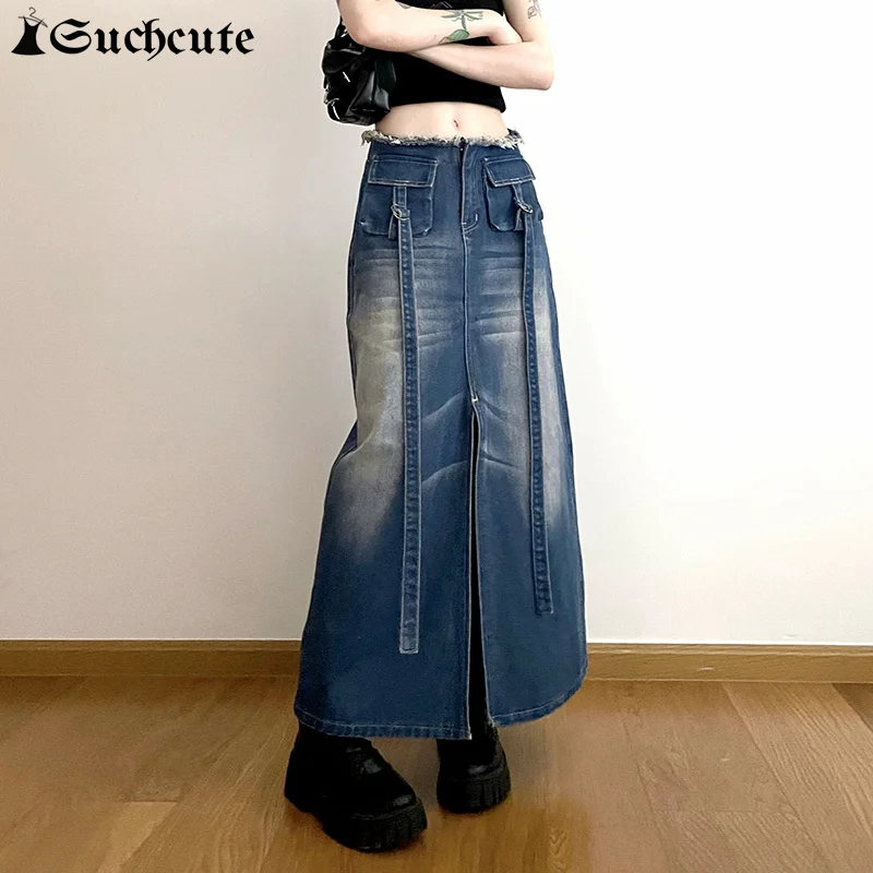 

SUCHCUTE Vintage Harajuku Long Skirt Denim Women Low Rise Korean Streetwear Raw Edge Belted Pockets Acubi Slit Skirt Summer 2023