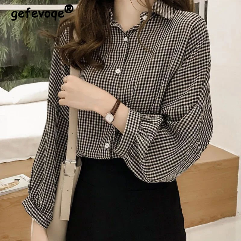 

2023 Spring Autumn Women's Korean BF Style Oversize Streetwear Lantern Sleeve Plaid Button Up Shirt Simple All Match Blouse Top