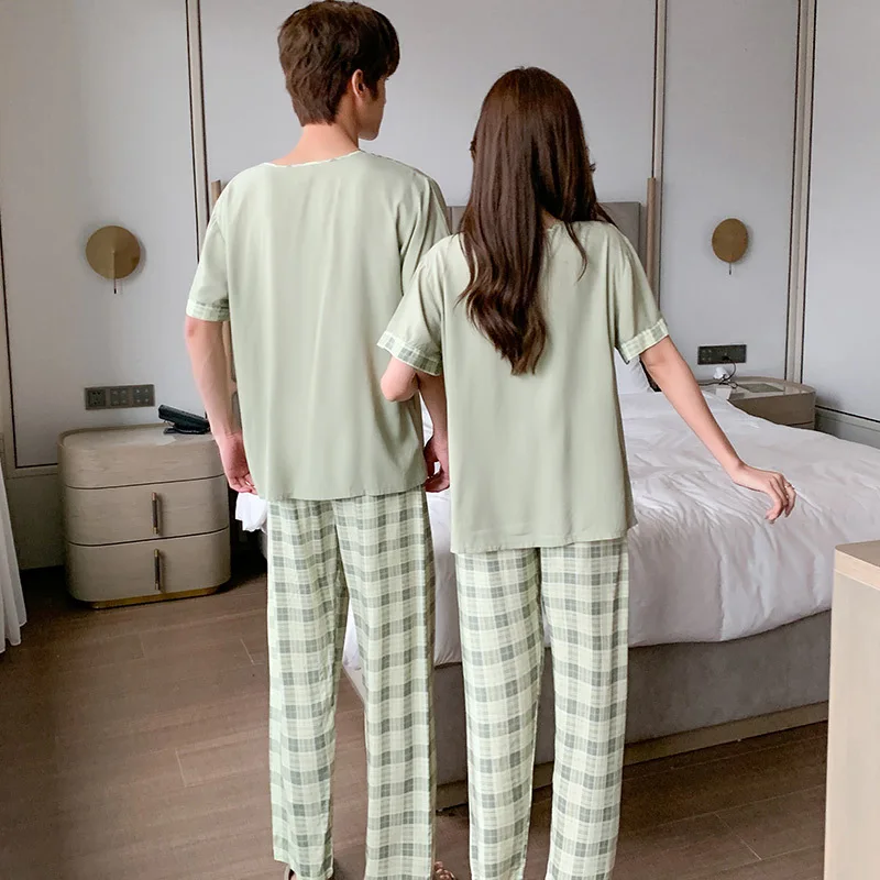Couple's Pajamas Suit Round Neck Short Sleeve Long Pants Big Size Pajamas Set Summer Nightgowns For Adult Home Clothing Thin