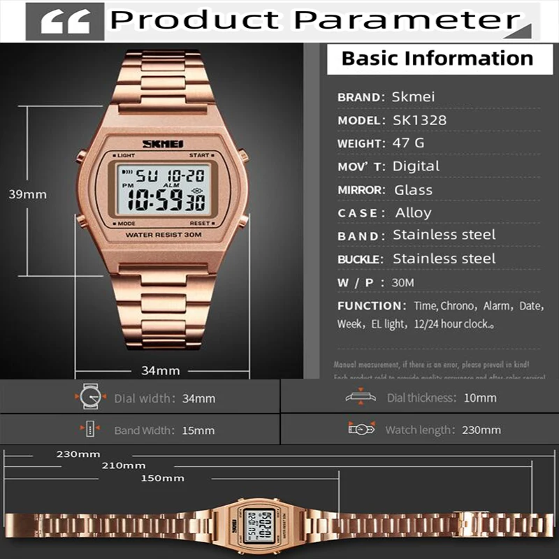 Skmei Unisex Digital Sport's Watches Stainless Steel Strap Led Waterproof 12/24 Hour Format Electronic Alarm Clock 3