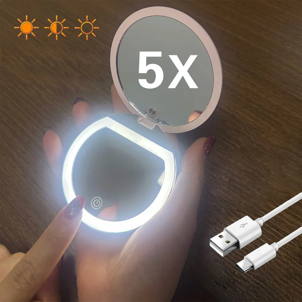 Magnifying Makeup Mirror 1X/5X Travel Folding Compact Pocket Mirror with Light 3 colors Cosmetic Portable Rechargeable Touch