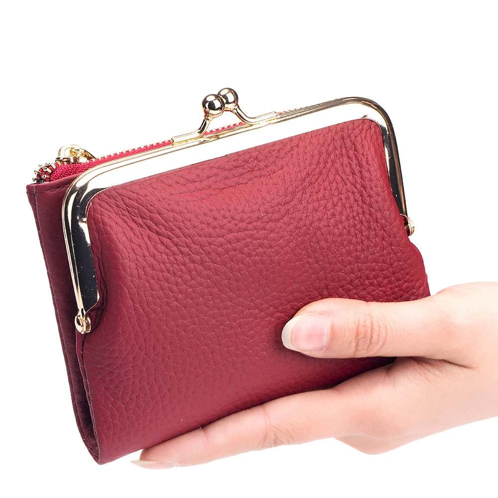 Fashion Women's Kiss Lock Wallet Leather Small Zipper Coin Pocket for Women Blue Bifold Metal Frame Purse Card Holder with Clasp