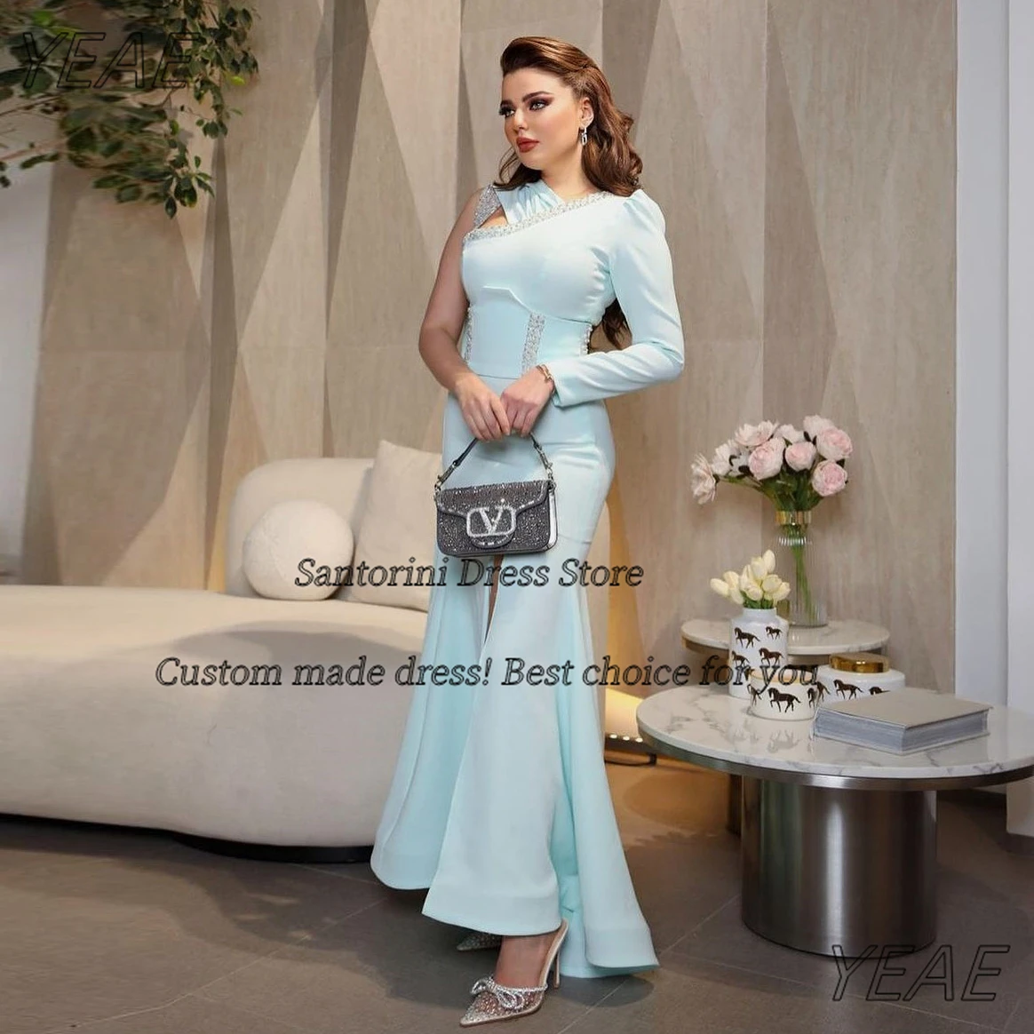 

Santorini Front Slit Mermaid Prom Dresses 2024 New Style Neckline Beaded Vestidos De Noche Long Sleeve Evening Party Formal Gown