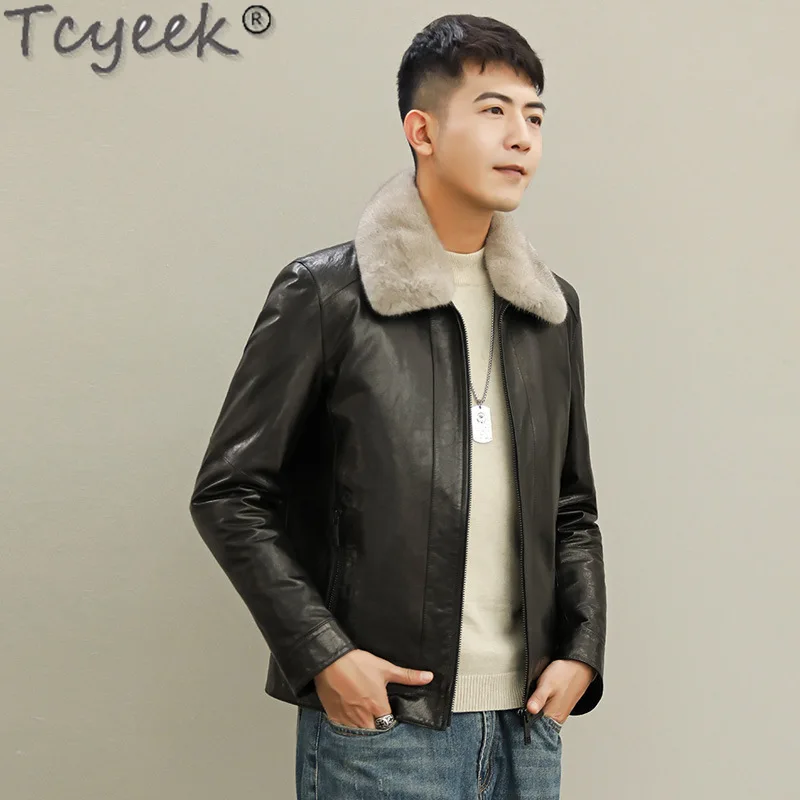 Tcyek 남성용 캐주얼 탑 레이어 염소 가죽 코트, 따뜻한 겨울 밍크 모피 라펠 칼라 패션,  가죽 다운 재킷, 남성 의류