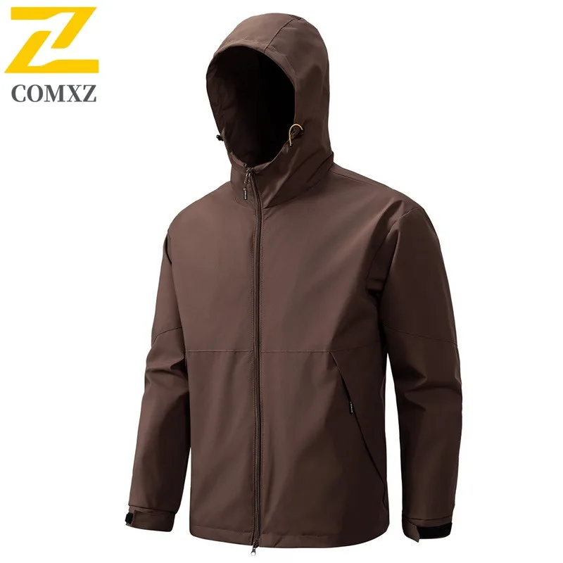 COMXZ Outdoor Hooded Jacket 2025 Men Simple Hiking Travel Motorcycle Coat Daily Style Windproof Durable Autumn Zipper Clothing