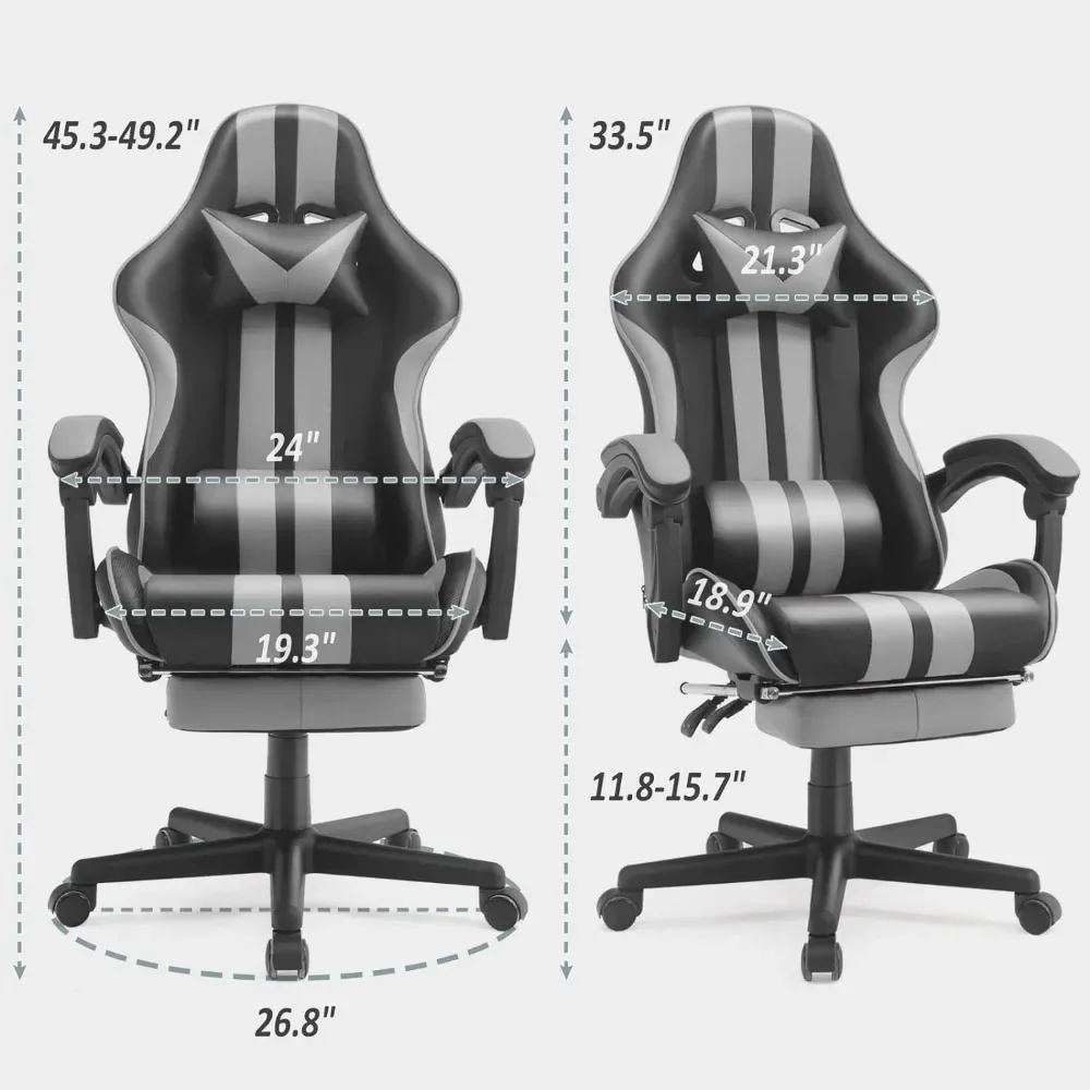 Grey Gaming Chairs with Footrest,PC Gaming Chair,Computer Chair, E-Sports Chair,Ergonomic Office Chair with Adjustable 3