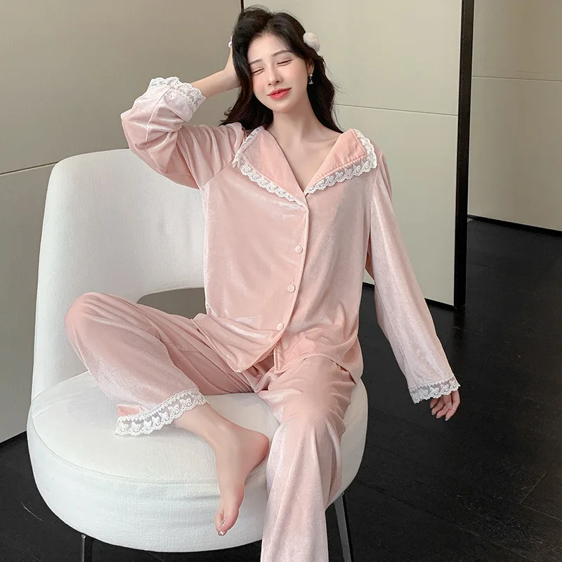 

Женский бархатный пижамный комплект из 2 предметов, ночное белье, нижнее белье, осенне-зимняя велюровая кружевная одежда для сна, пижама, женская повседневная одежда для сна, домашняя одежда