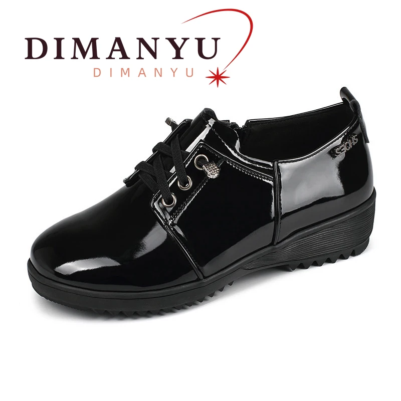 DIMANYU Women's Loafers Lace-up 2024 Spring Patent Leather Lace-up Women's Wedge Heels Non-slip Plus Size Mom Shoes