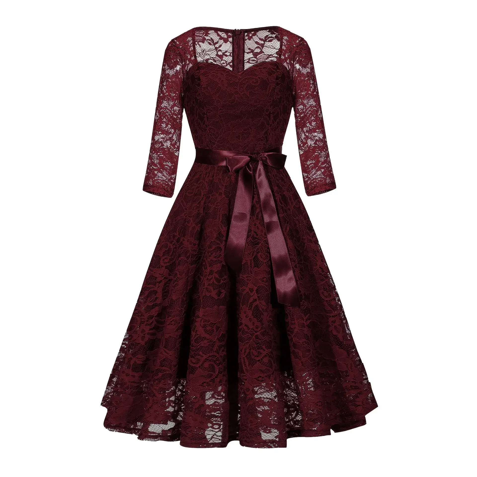 

Women's Vintage Square Neck Three Quarter Sleeve Floral Lace Belt Swing Bridesmaid Dress Slim Fit Evening Party Pleated Dresses