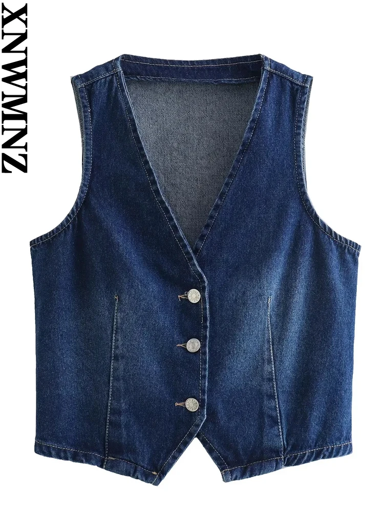 

XNWMNZ Женская мода 2023 V-образный вырез джинсовый жилет женский винтажный без рукавов Передняя пуговица приталенный Универсальный женский жилет