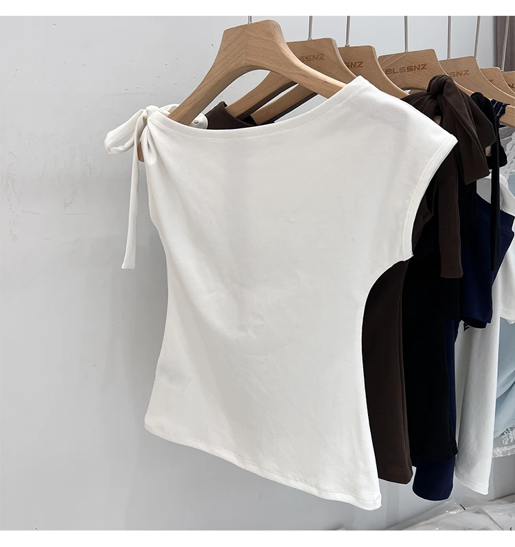 Trendy High Street Einfarbig Fliege Asymmetrische Schulter T-shirt 2026 Sommer Frauen T-shirt Sexy Mode Slim Fit Tees Crop Top – Detail 6