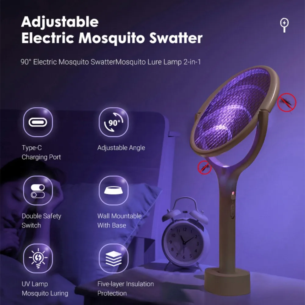 mosquito killer swatter 5-in-1 retractable extension pole electric mosquito swat multi-functional rotating net swat rechargeable USB family camping use