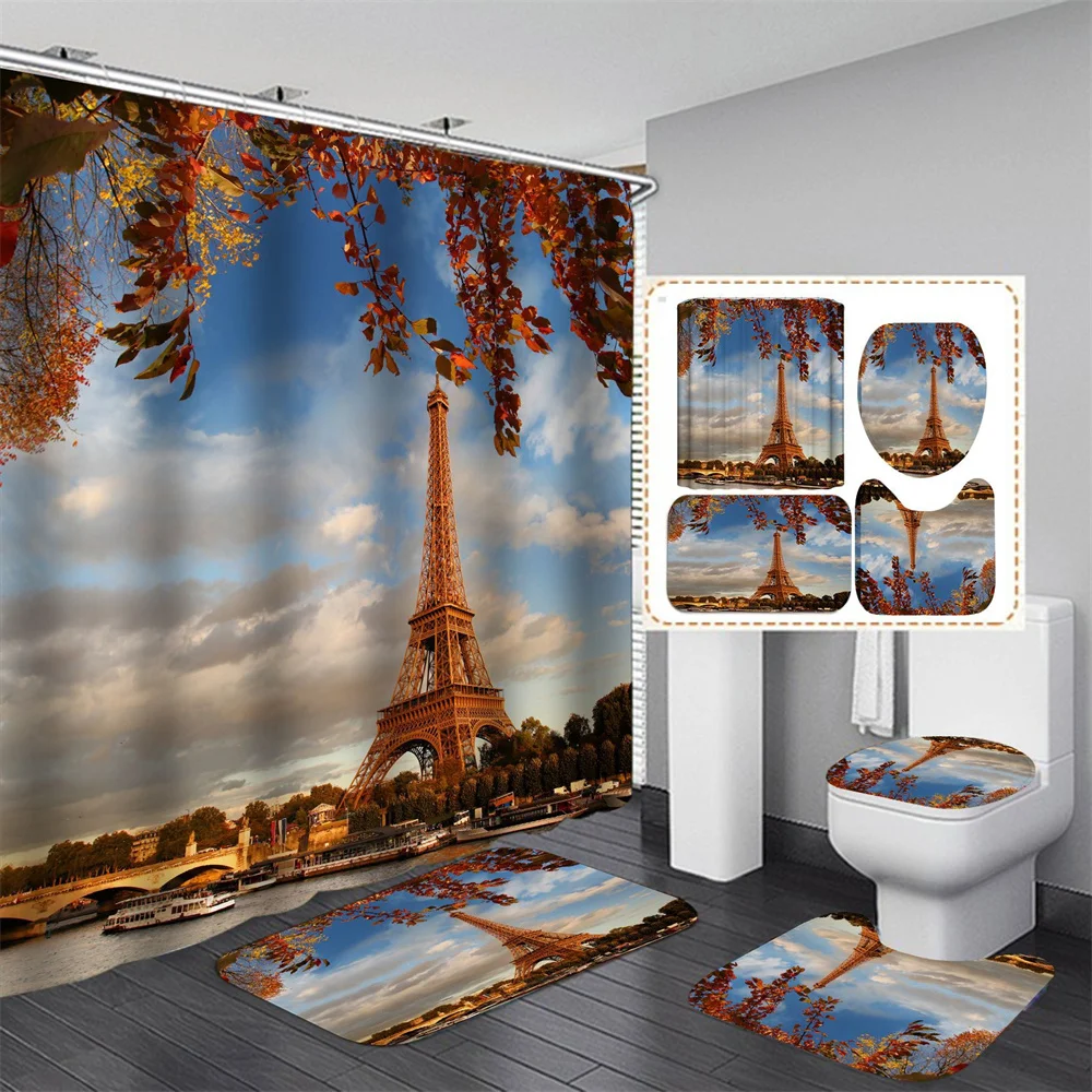 

Paris Eiffel Tower Famous Architecture Shower Curtain Set Luxury Eiffel Tower Painting Design Bath Curtain Set