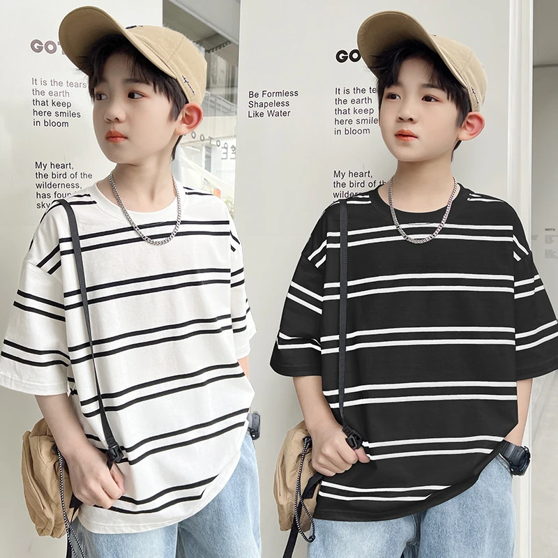 

Boys' Short-sleeved T-shirt 2024 Summer Children's Korean Style Striped Half-sleeved Casual Big Children's Tops